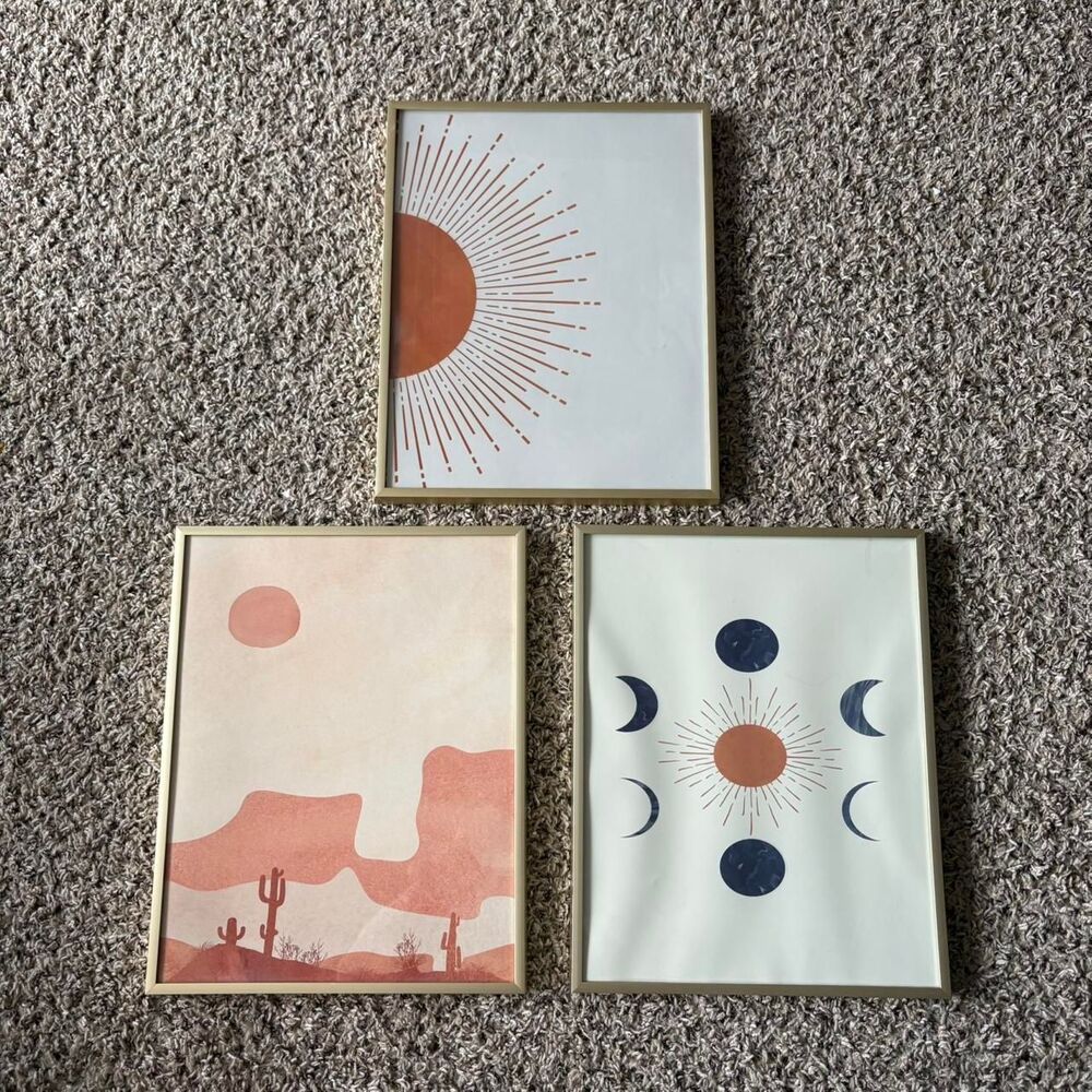 Set of 3 Framed Art Prints, Moon, Cactus, Sun, Boho